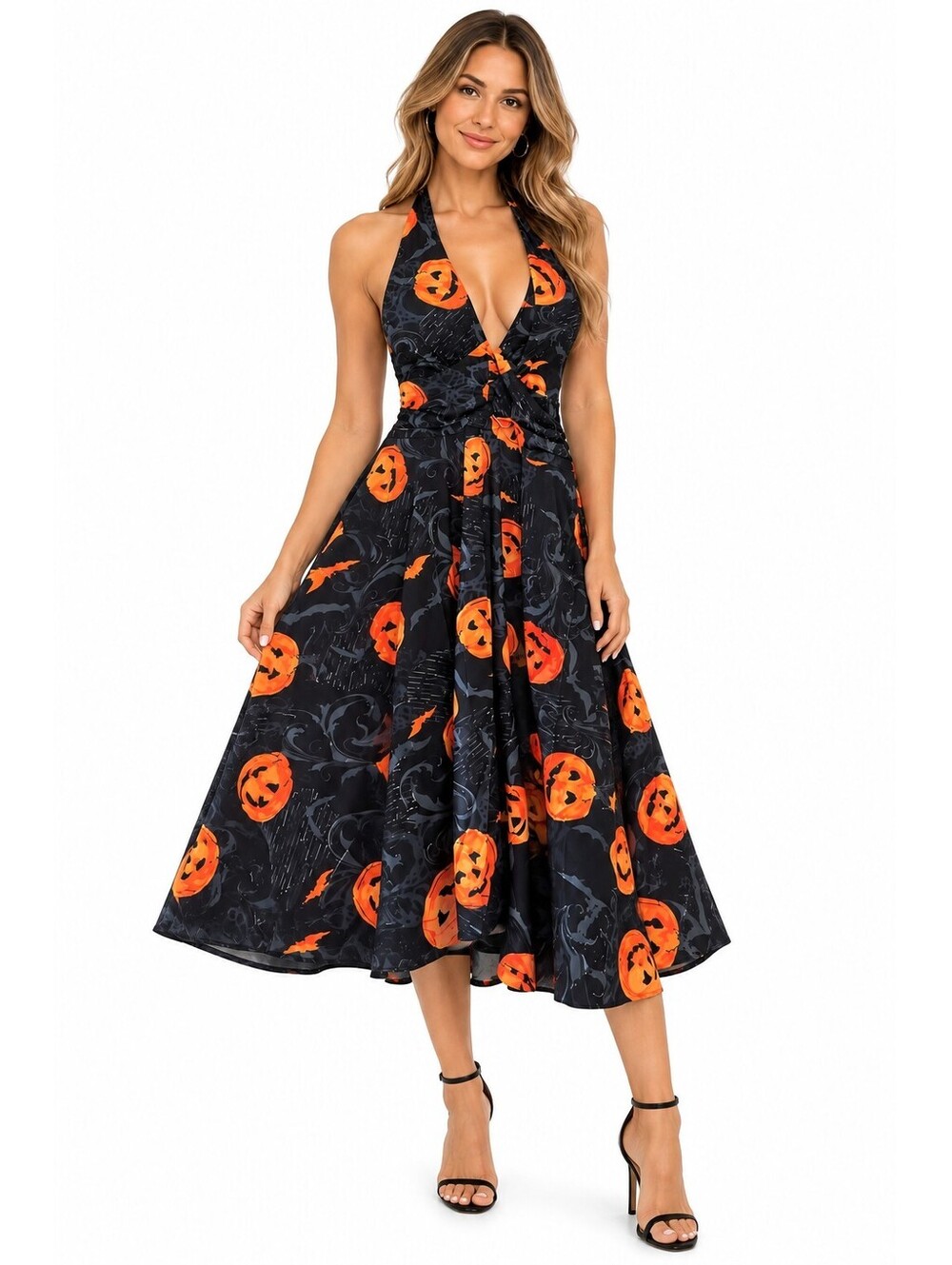 Women's Halloween Pumpkin Print Halter Dress Size Small